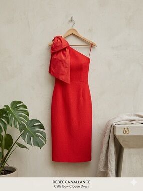 REBECCA VALLANCE Calla Red One-Shoulder Bow Cloqué Midi Dress Size US4 UK8 NWT
